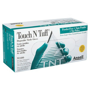 Ansell Touch N Tuff Disposable Gloves, Powder Free, Nitrile, 4 mil, 9.5 - 10, Green, 1/BX, #105080