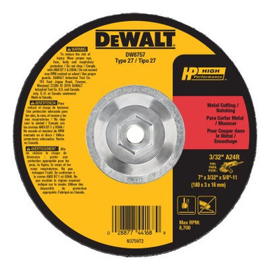 DeWalt Type 27 HP Metal Cutting Wheels, 7 in Dia, 5/8 in - 11 Arbor, 0.45 in Thick, 10/BX, #DW8757