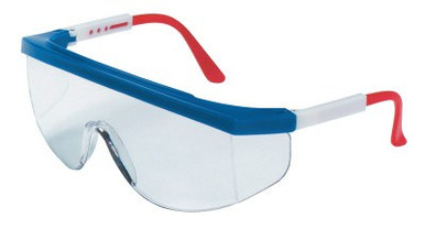 MCR Safety Tomahawk Protective Eyewear, Clear Lens, Duramass HC, Blue/Red/White Frame, 1/EA, #TK130