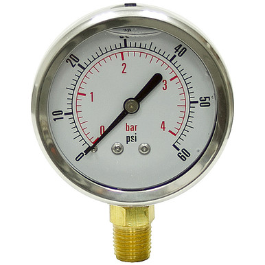 60 PSI 4 BAR Pressure 2.5" Dia. Liquid Filled Lower Mount 1/4" NPT Stainless Steel Gauge Dynamic CF1P-004-A