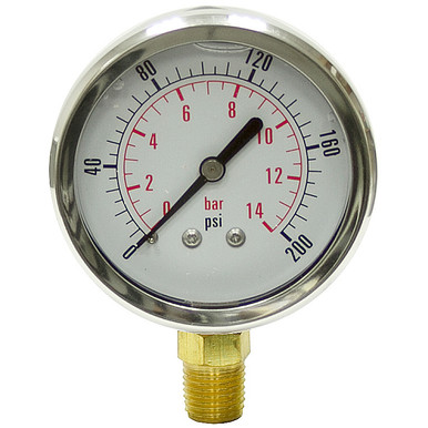 200 PSI 14 BAR Pressure 2.5" Dia. Liquid Filled Lower Mount 1/4" NPT Stainless Steel Gauge Dynamic CF1P-015-A