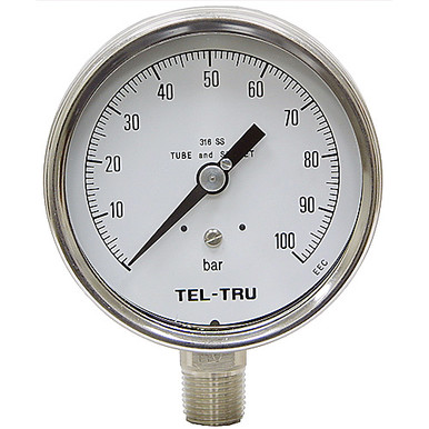 100 Bar Pressure 4" Dia. Dry Lower Mount 1/2" NPT Stainless Steel Gauge Tel-Tru 4030SS2L1D9B