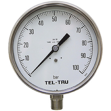 100 Bar Pressure 6" Dia. Dry Lower Mount 1/2" NPT Stainless Steel Gauge Tel-Tru 6030SS2L1D9B