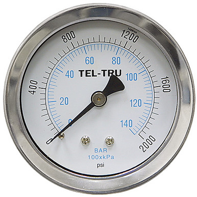 2000 PSI 140 BAR Pressure 2.5" Dia. Dry Back Mount 1/4" NPT Stainless Steel Gauge Tel-Tru 2533BS4C1H5FT-E