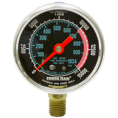0-15000 PSI 2.50" DiameterLiquid Filled Lower Mount 1/4" NPT Steel Gauge Power Team 9040