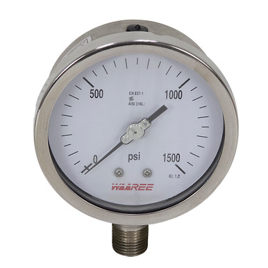 1500 PSI Pressure4" Dia. Dry (Liquid Fillable) Lower Mount 1/2" NPT Stainless Steel Gauge Waaree