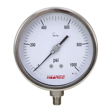 1000 PSI Pressure 5" Dia. Dry (Liquid Fillable) Lower Mount 1/4" NPT Stainless Steel Gauge Waaree