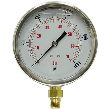 1000 PSI 70 BAR Pressure4" Pressure Liquid Filled Lower Mount 1/4" NPT Stainless Steel Gauge Dynamic PDLC-2P-070-A