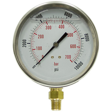 10000 PSI 700 BAR Pressure 4" Dia. Liquid Filled Lower Mount 1/4" NPT Stainless Steel Gauge Dynamic PDLC-2P-700-A