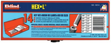 Eklind Tool Hex-L Key Set, 14 per set, Hex Tip, Inch, Long Arm, 6 ST/CT, #10214