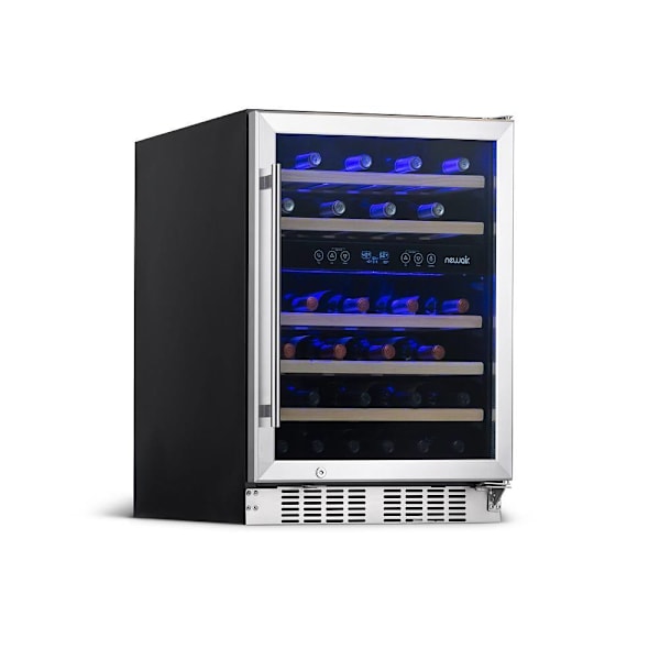 NewAir 24" Built-In 46 Bottle Dual Zone Compressor Wine Fridge, Quiet Operation With Beech Wood Shelves And Recessed Kickplate