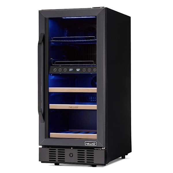 NewAir 15 Inch Wine And Beverage Refrigerator - 13 Bottles & 48 Cans Capacity With Dual Temperature Zone Wine Cooler, Black Stai