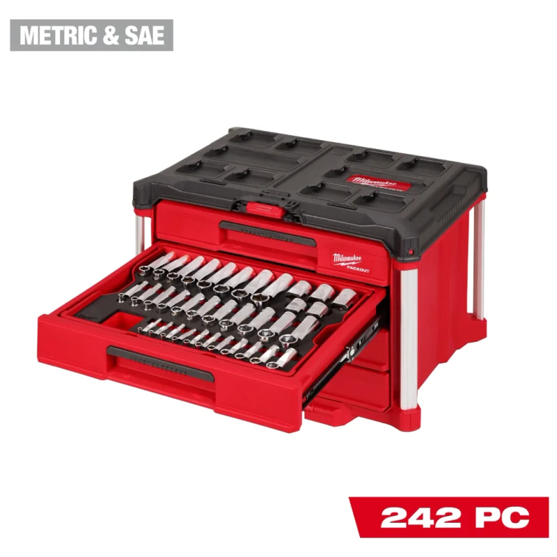 48-22-9491 Milwaukee 242pc. 1/4, 3/8, & 1/2 Drive Metric & SAE Ratchet & Socket Set with PACKOUT 4-Drawer Tool Box