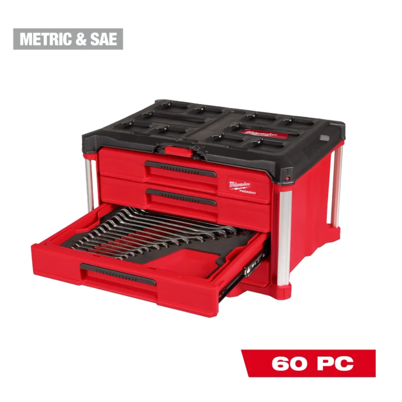 48-22-9492 Milwaukee 60pc. Metric & SAE Combination Wrench Set with PACKOUT 4 Drawer Tool Box
