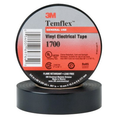 3M Temflex Friction Tape, 3/4 in X 60 ft, 13 mil, Black, 20 RL/CA