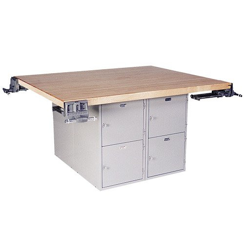 Midwest 4-Station Work Bench with 8 Lockers and 4 Wilton Vises (7")
