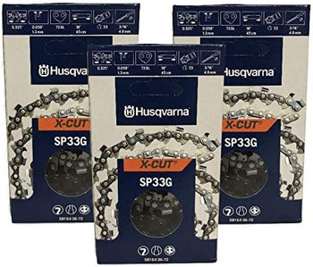 Husqvarna Genuine OEM 3 Pack of 18" X-CUT SP33G, .325" pitch, .050 gauge 72DL Chainsaw Chains - 581643672-3PK