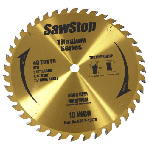 SawStop 10" Titanium Series Premium Woodworking Blade, 40 Tooth