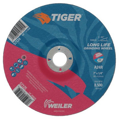 Weiler Tiger Grinding Wheels, 7 in Dia, .045 in Thick, 7/8 in Arbor, 10/PK, #57125