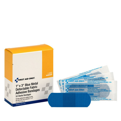 1"x3" Blue Metal Detectable Fabric Bandages, 50 Per Box 1-650