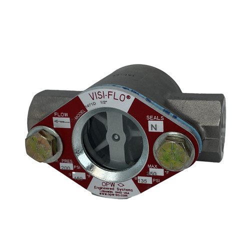 OPW VISI-FLO 1400 1/2 in. FNPT 316 Stainless Steel Sight Flow Indicator w/ Neoprene Seal - Bi-Directional Flapper