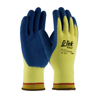 Yellow XL G-Tek KEV, 100% Kevlar 7G Yellow Shell, Blue Latex Crinkle Grip, A4 Gloves made with Kevlar Brand Fiber 1 Dozen 09-K1300/XL