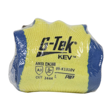 Yellow L G-Tek KEV, 100% Kevlar Yellw Shell, Blue Latex Crinkle Grip, Vend Pack Gloves made with Kevlar Brand Fiber 1 Pair 09-K1310V/L