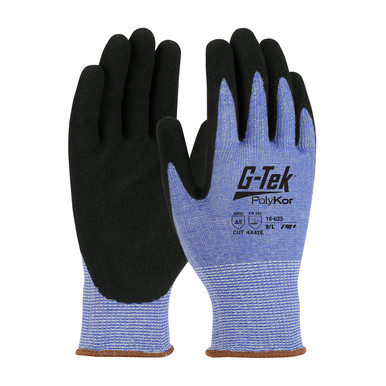 Blue L G-Tek PolyKor, Blue 13 Gauge Shell, Black Nitrile MicroSurface Grip, A5 Gloves with PolyKor Fiber 1 Dozen 16-635/L