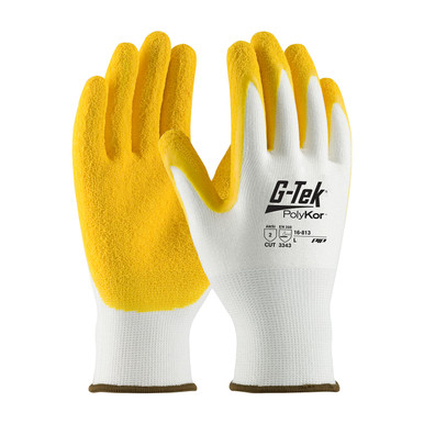 White XXL G-Tek PolyKor, White 13G Shell, Yellow Latex Coat Crinkle Grip, A2 Gloves with PolyKor Fiber 1 Dozen 16-813/XXL