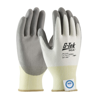 White XS G-Tek 3GX Dyneema Diamond,13G White Shell, Gray PU Smooth Grip, A3 Gloves made with Dyneema 1 Dozen 19-D310/XS