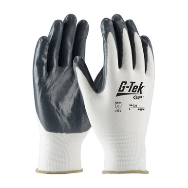 White XL G-Tek GP, White 13G Nylon Shell, Gray Nitrile Coated Smooth Grip Seamless Knits for General Duty 1 Dozen 34-225/XL