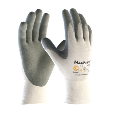 White M MaxiFoam Premium, 15G White Nylon Shell, Gray Nitrile Foam Coating Nitrile Foam Coated Gloves by ATG 1 Dozen 34-800/M