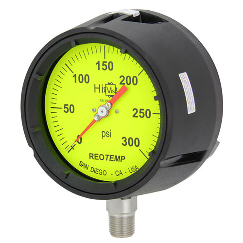 Reotemp PT45 Series Industrial Glycerin Filled Process Gauges, 4 1/2 in. Hi-Vis Dial, Bottom Mount