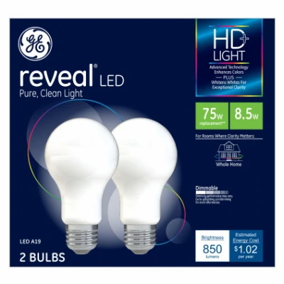 GE Warm White LED A19 Bulbs – 8.5W, Dimmable, 2‑Pack