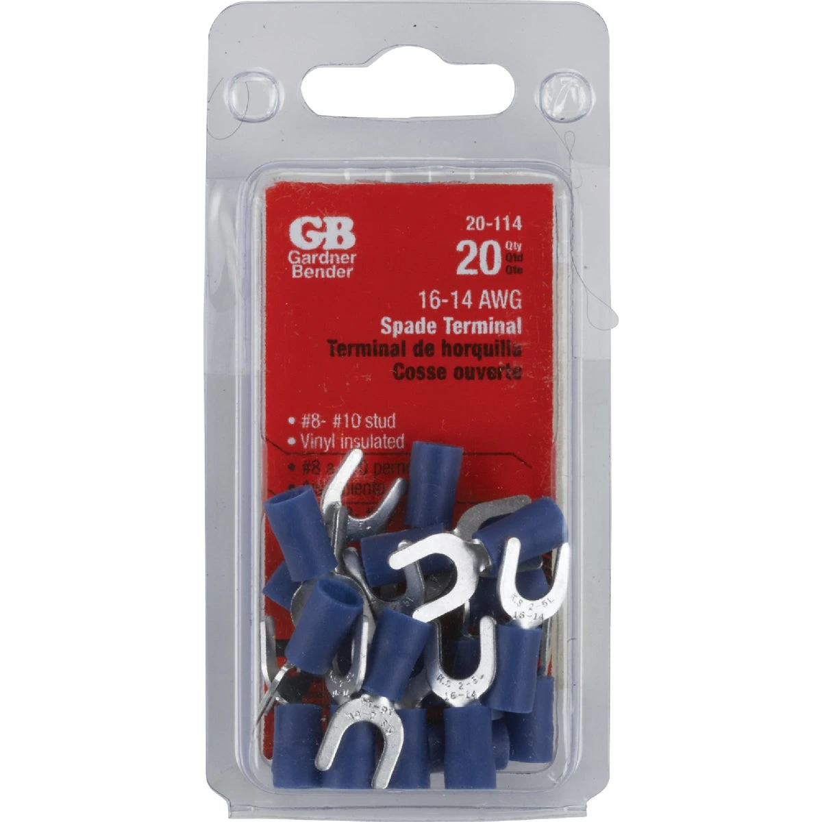 Spade Terminals, Vinyl Insulated, 8-10 Stud, 16-14 AWG, 20-Pk.