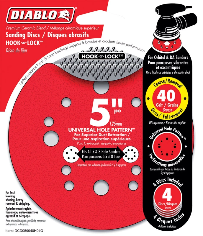Sanding Disc, Hook & Loop, 40-Grit, 5-In., 4-Pk.
