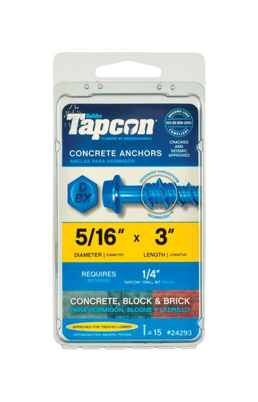 Concrete Screw Anchors, Hex Washer Head, Steel, 5/16 x 3 In., 15-Pk.