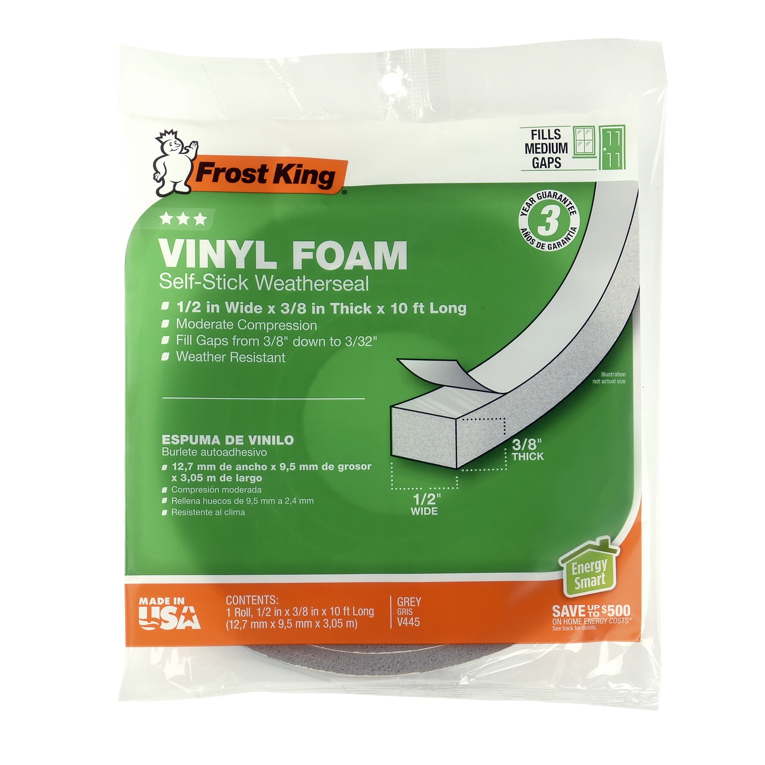 Vinyl Foam Weatherseal Tape, 1/2W x 3/8 In. T x 10 Ft.
