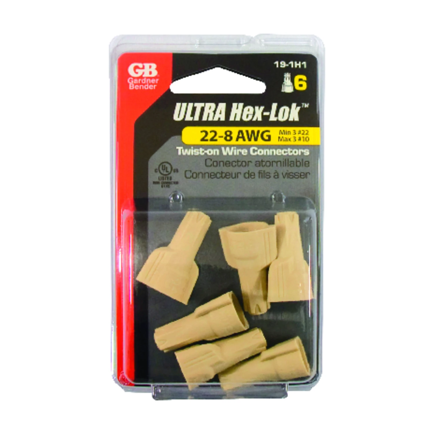 Hexlock Wire Connector, Screw-On, 22-6 AWG, Tan, 6-Pk.