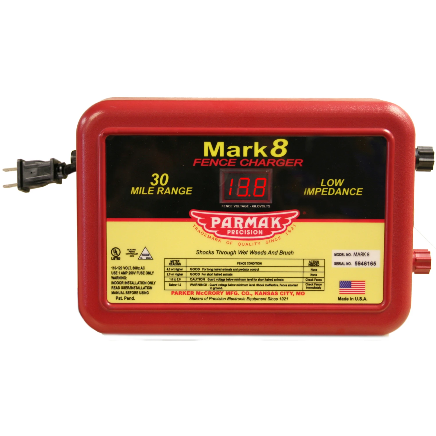 Mark 8 Electric Fence Charger, 30-Mile, Low Impedance, Plug-In, 110-120-Volt