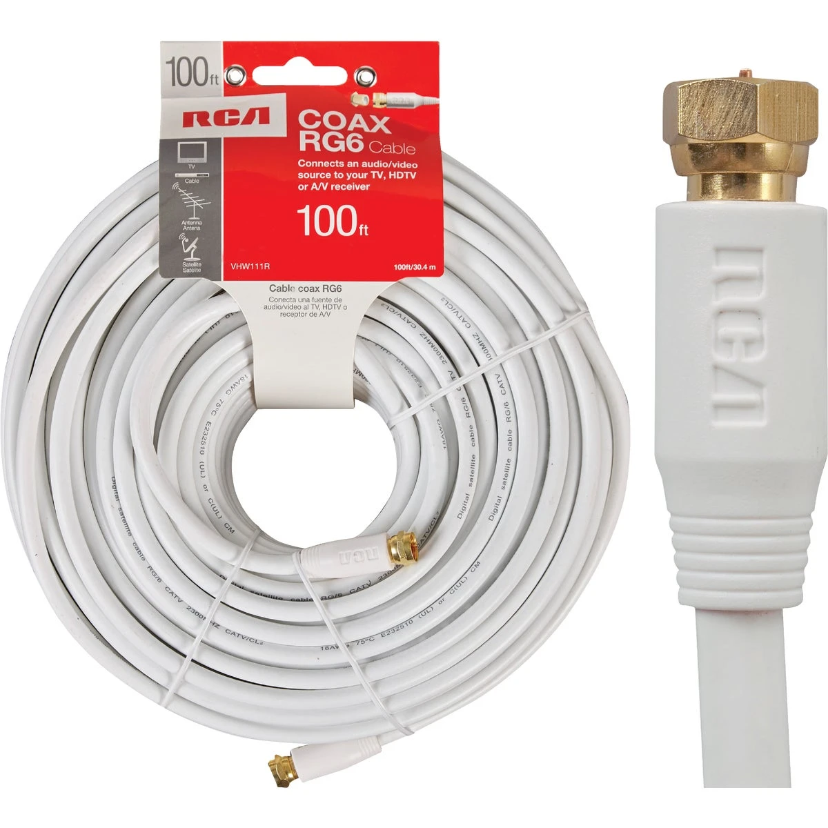 RG6 Coax Cable WithFConnectors, White, 100 Ft.