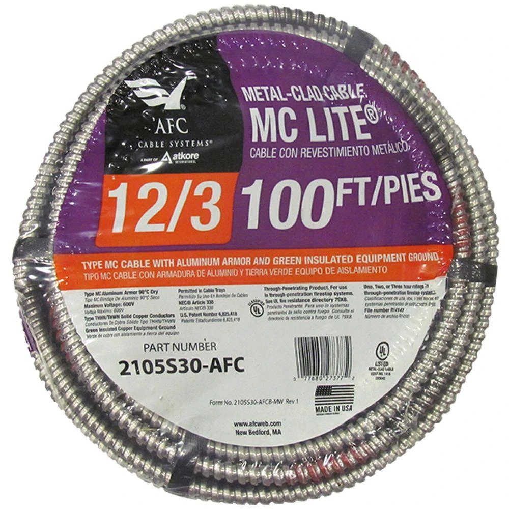 12/3 X 100 Feet Solid Mc Lite Cable For Electrical Wiring