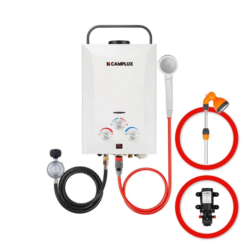 Camplux 8L Portable Gas Hot Water Heater w/ 4.3L Pump & Sink Sprayer & Shower Stand