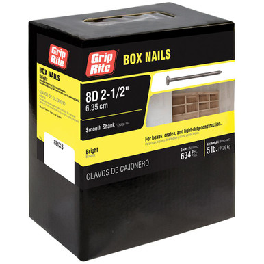 Grip Rite 8d, 11-1/2 Gauge, 2-1/2" Box Nails, Bright, Diamond Point, Smooth Shank, (5 lb Box/6 Boxes), #8BX5