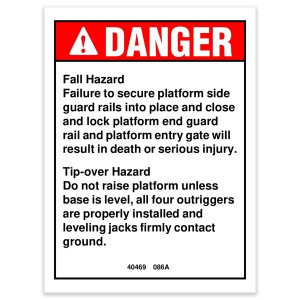 Genie Lift Part # 40469GT - DECAL,DANGER,TIP-OVER/FALL, EA