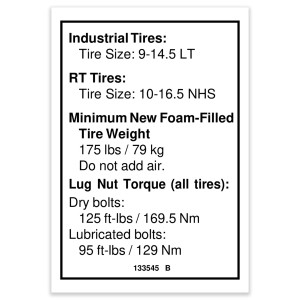 Genie Lift Part # 133545GT - DECAL,NOTICE, TIRE SPEC, FF, EA