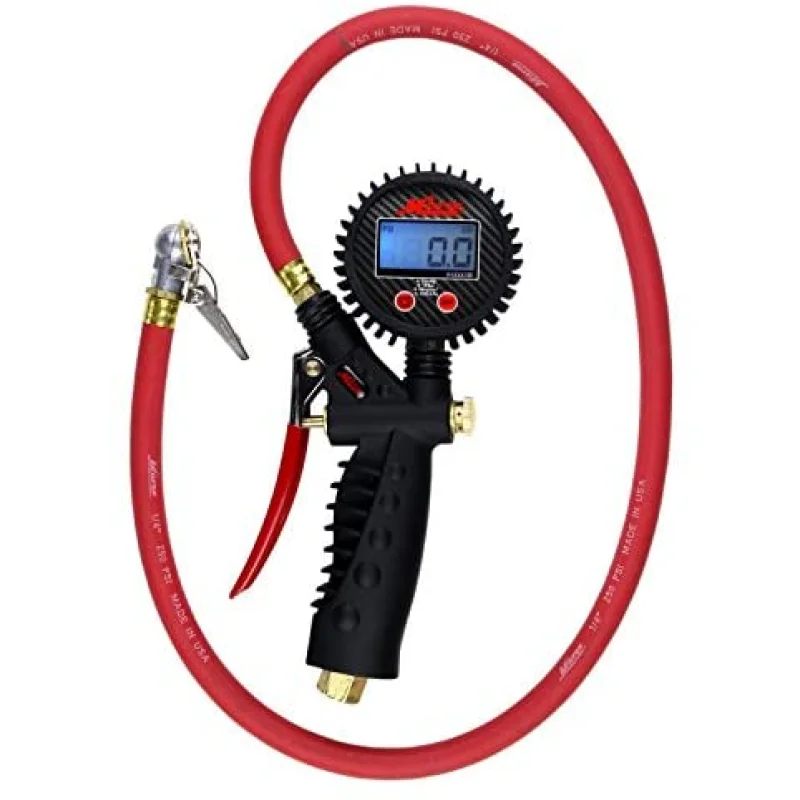 Milton Industries 573D Pro Digital Pistol Grip Inflator Gauge – 36″ Hose and Ball Chuck w/Clip – 255 PSI
