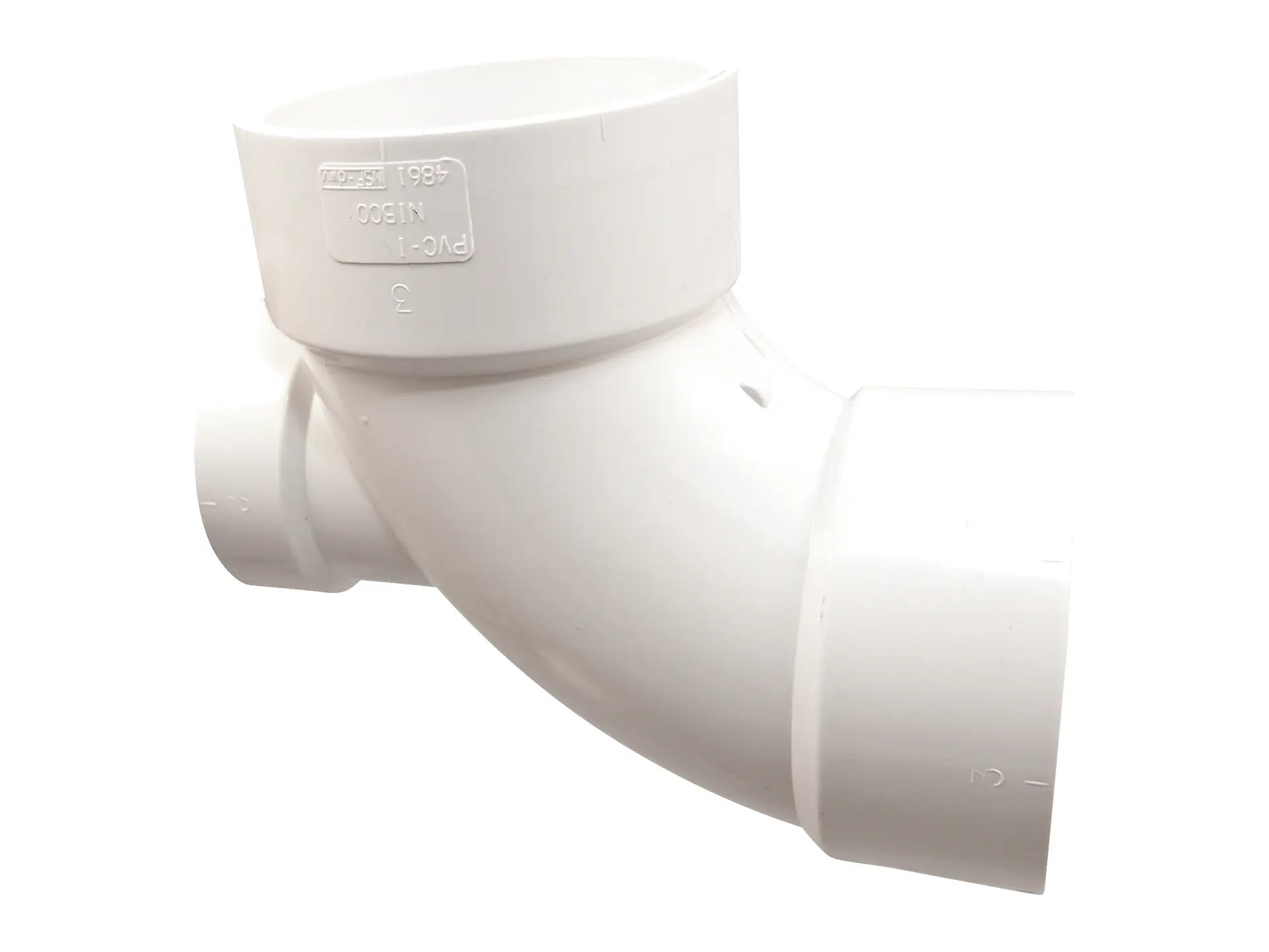 NIBCO K445250, 3 in. x 3 in. x 2 in. 90° Elbow with High Heel Inlet Hub x Hub x Hub PVC DWV 4861