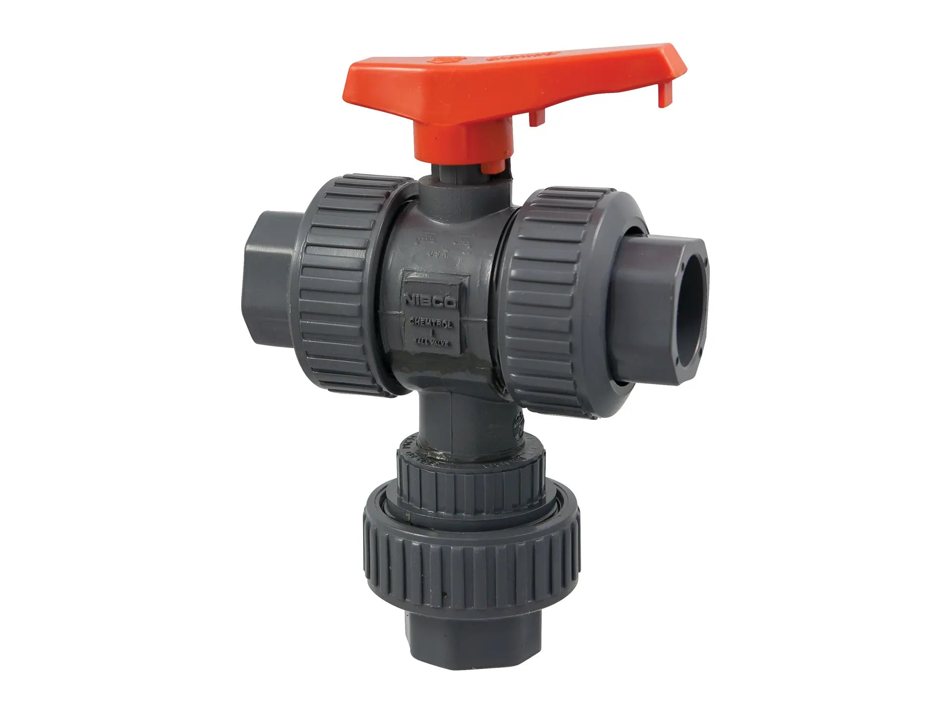 NIBCO MA976A6, 1/2in. Ball Valve Socket, True Union, 3-Way 2-Position Diverter, PVC Sch 80
