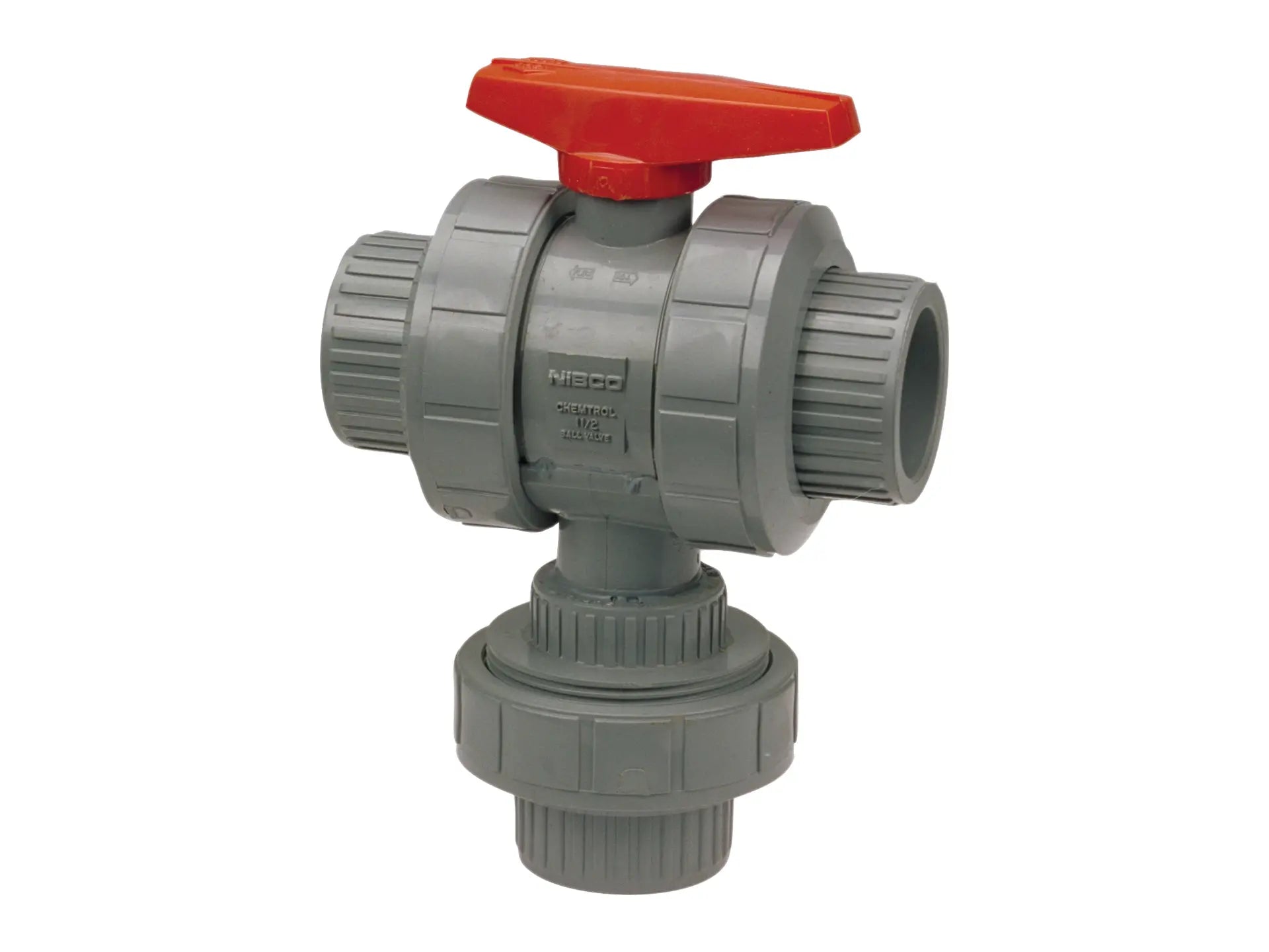 NIBCO MB781A8, 3/4in. Ball Valve Socket, True Union, 3-Way 3-Position Multi-Port, Corzan CPVC Sch 80